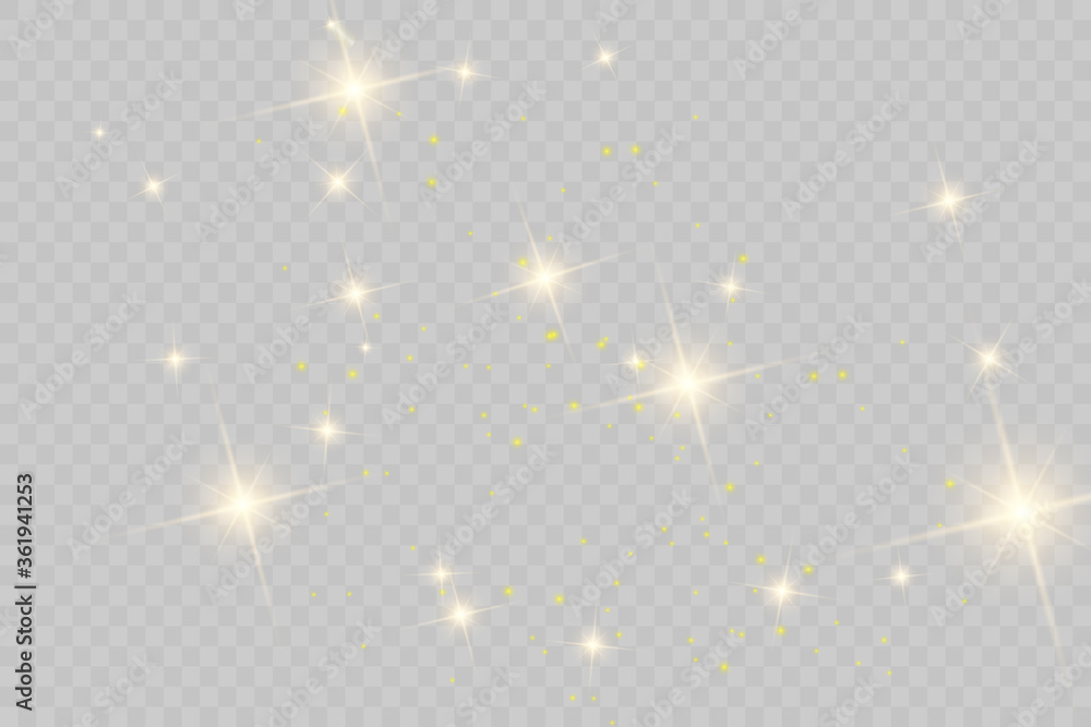 The dust sparks and golden stars shine with special light. Vector sparkles on a transparent background. Christmas light effect. Sparkling magical dust particles.  - obrazy, fototapety, plakaty 