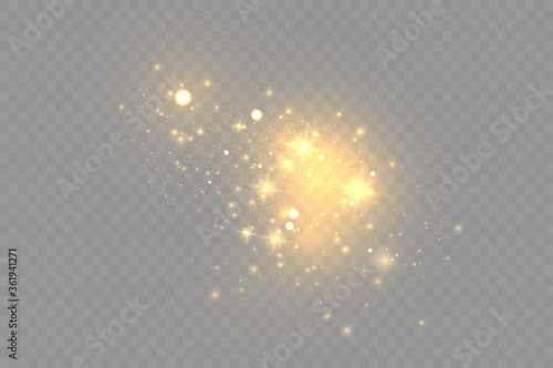 The dust sparks and golden stars shine with special light. Vector sparkles on a transparent background. Christmas light effect. Sparkling magical dust particles.