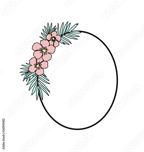 Elegant floral frame vector, hand drawn dodle border, tropical palm leaves round frame illustration photo