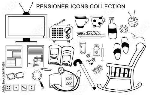 Vector set of icons an elderly man. Life and activities for a pensioner - a newspaper and a crossword puzzle, domino games and medicine. Isolated outline