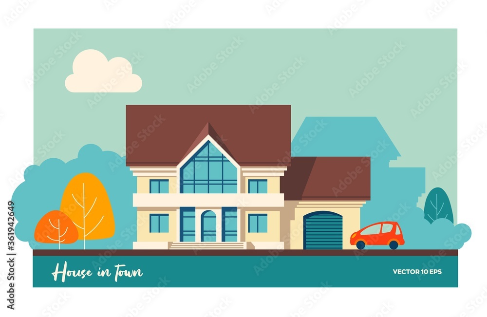 House with garage and car. Vector illustration