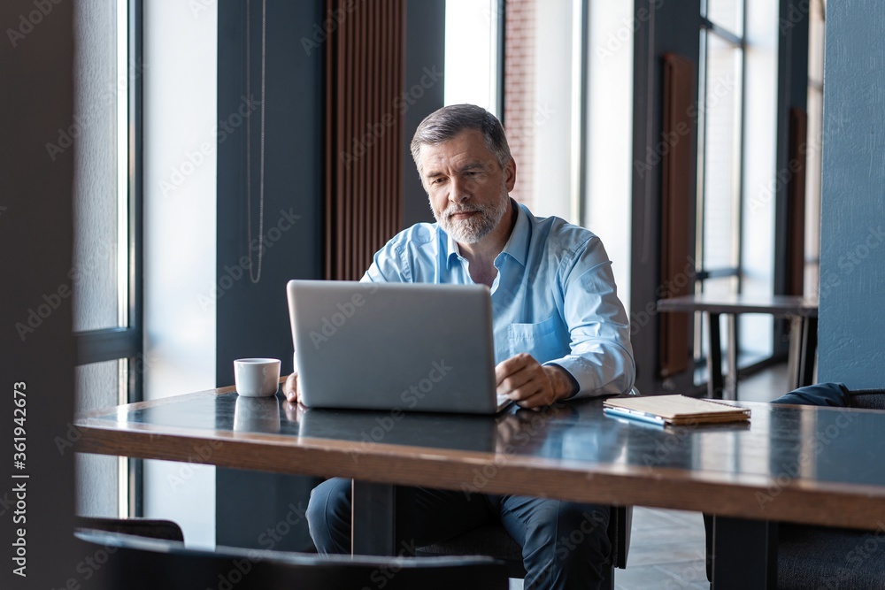 Mature businessman working on laptop. Handsome mature business leader sitting in a modern office Mature businessman working on laptop. Handsome mature business leader sitting in a modern office