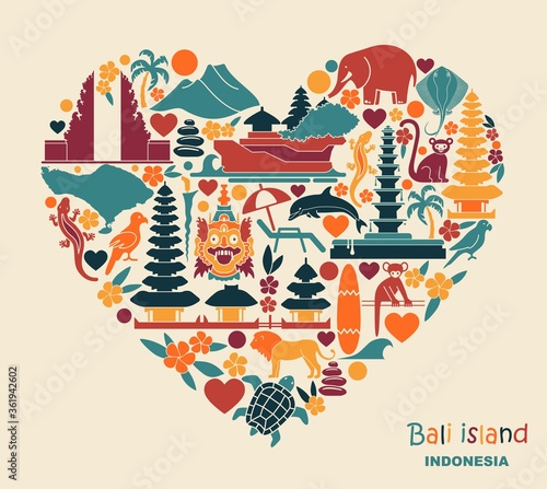 Traditional symbols of architecture, culture and nature of Bali Islands, Indonesia heart shaped