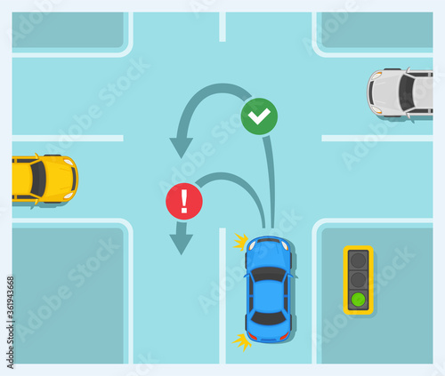 U-turn on croassroads rule infographic. Sedan car is about to turn on crossroad template. Flat vector illustration. 