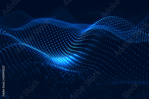 Moving neon blue dots pattern forming a digital network connection on dark background