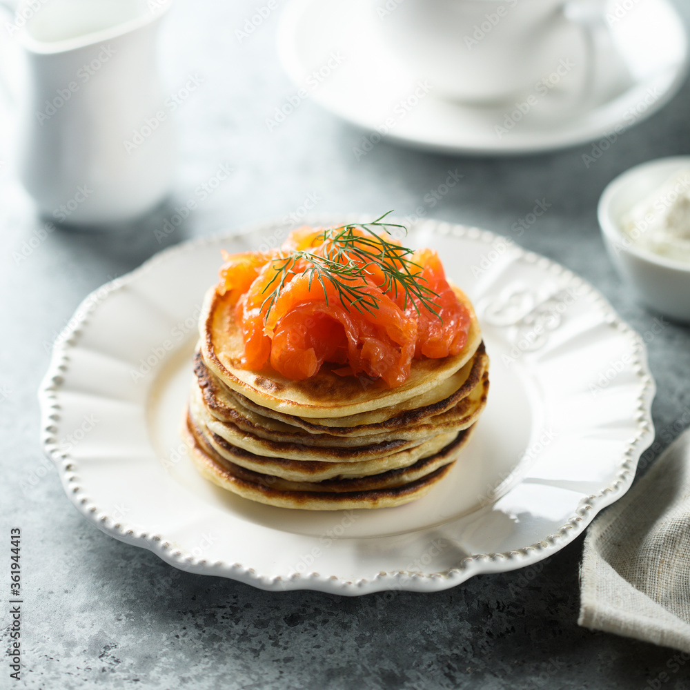 Smoked salmon pancakes with fresh dill Smoked salmon pancakes with fresh dill