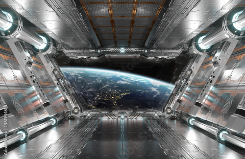 Fototapeta Naklejka Na Ścianę i Meble -  White and silver futuristic spaceship interior with window view on planet Earth 3d rendering