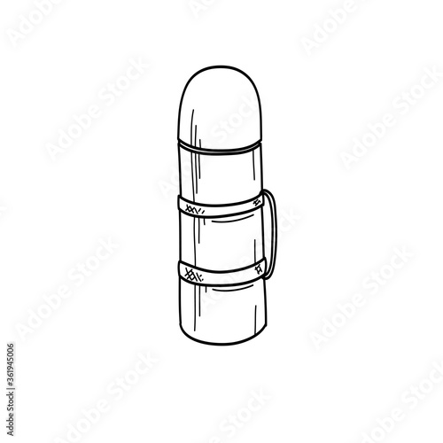 Vector image of a thermos. Thermos Hiking, military. zero waste. Hot drink. Doodle