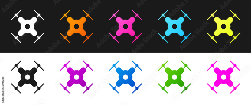 Set Drone flying icon isolated on black and white background. Quadrocopter with video and photo camera symbol. Vector Illustration.