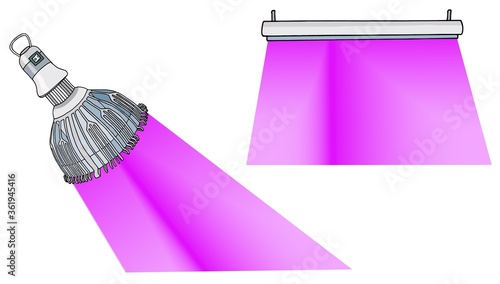 Set of phyto lamps for plants. Lamp with LED infrared and UV light. Vector stock illustration. Solar light sources with full spectrum for growing flowers. Lamp bulb and hanging on ceiling phyto light.