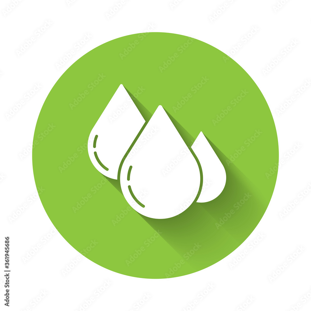 White Water drop icon isolated with long shadow. Green circle button. Vector Illustration. White Water drop icon isolated with long shadow. Green circle button. Vector Illustration.
