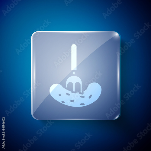 White Pickled cucumber on a fork icon isolated on blue background. Square glass panels. Vector Illustration.