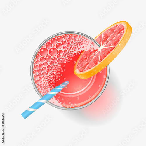 Vector illustration. A glass of fresh grapefruit juice. Top view. Drink, cocktail, alcohol in the glass. View from above.