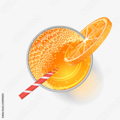 Vector illustration. A glass of fresh orange juice. Top view. Drink, cocktail, alcohol in the glass. View from above.