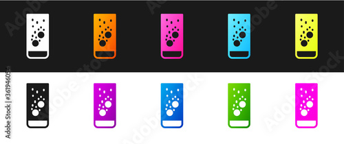 Set Effervescent aspirin tablets dissolve in a glass of water icon isolated on black and white background. Vector Illustration.