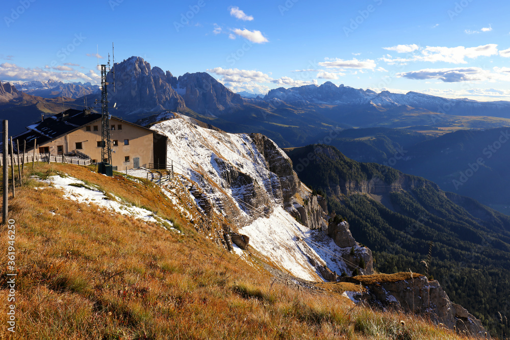 Meadow on Seceda plateau in Val Gardena, Italy, Europe