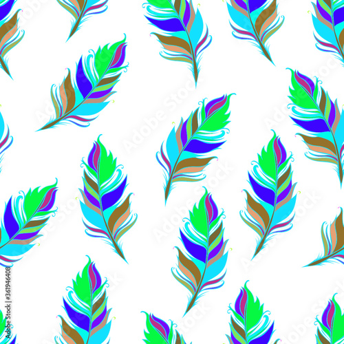 Bright feather print. White background. Summer Seamless pattern. Colorful Vector illustration