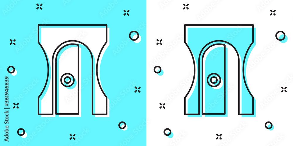 Black line Pencil sharpener icon isolated on green and white background. Random dynamic shapes. Vector Illustration. Black line Pencil sharpener icon isolated on green and white background. Random dynamic shapes. Vector Illustration.