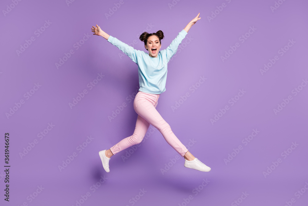 Full length body size view of nice attractive slim ecstatic cheerful funny glad girl jumping having fun running isolated on violet purple lilac bright vivid shine vibrant color background