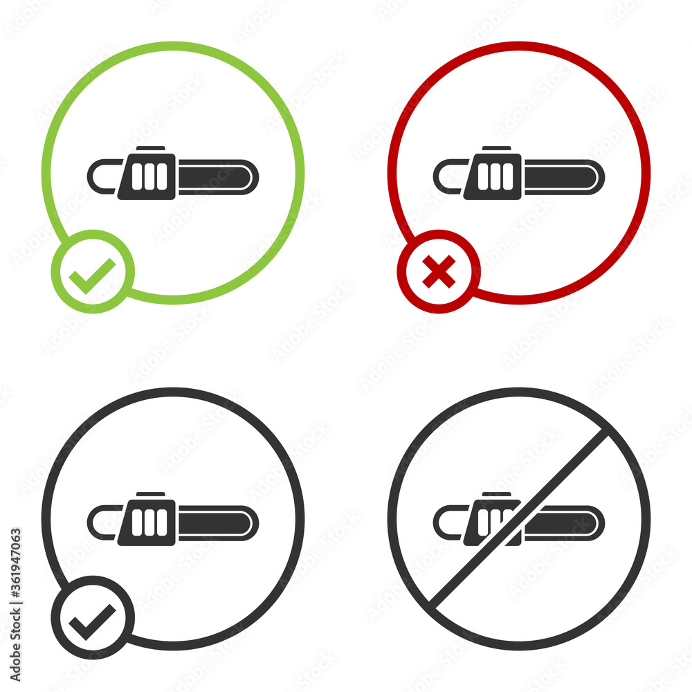Black Chainsaw icon isolated on white background. Circle button. Vector Illustration. Black Chainsaw icon isolated on white background. Circle button. Vector Illustration.