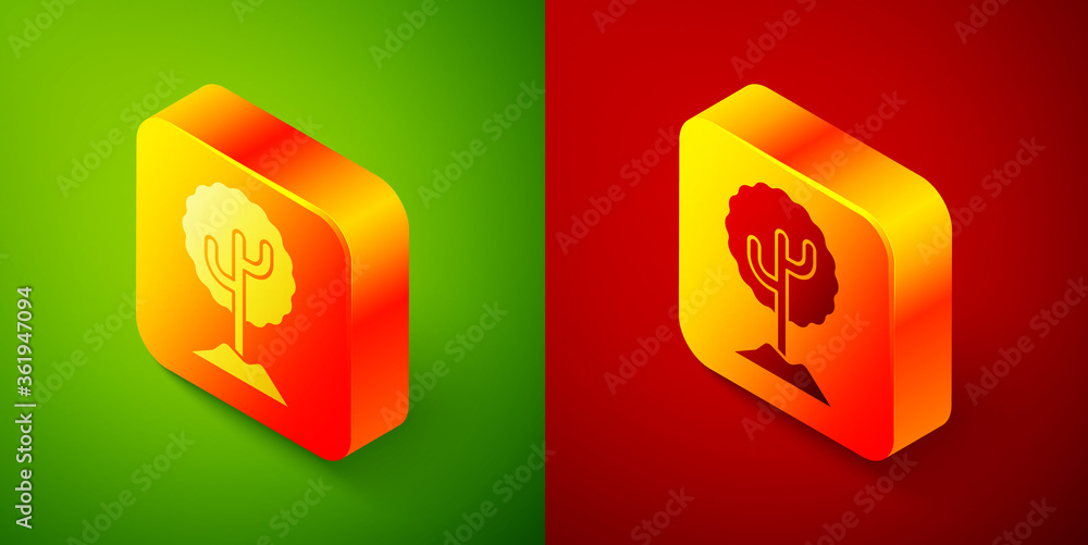 Isometric Tree icon isolated on green and red background. Forest symbol. Square button. Vector Illustration. Isometric Tree icon isolated on green and red background. Forest symbol. Square button. Vector Illustration.