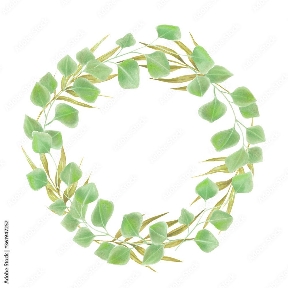 Fototapeta premium Eucalyptus leaves and bamboo floral watercolor wheath 