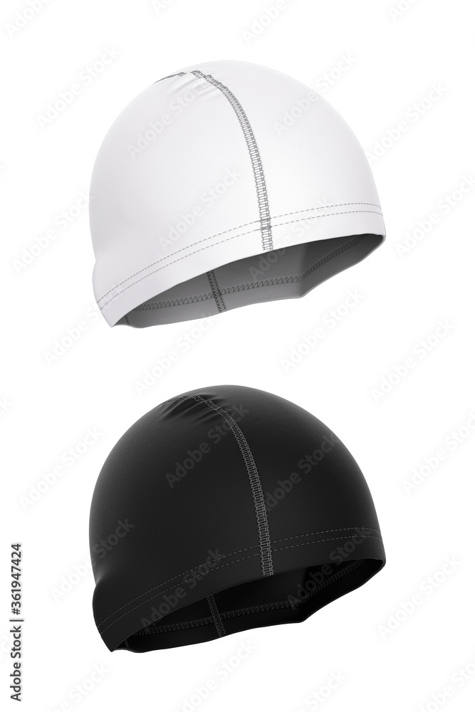 Fototapeta premium Swimming cap made of fabric. Black and white mock-up, template isolated on white background. 3d illustration of sportswear, headgear. Accessories for diving, swimming in the pool.