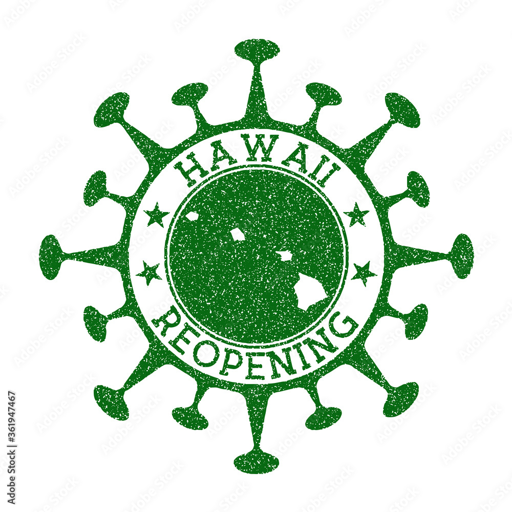 Hawaii Reopening Stamp. Green round badge of us state with map of Hawaii. Us state opening after lockdown. Vector illustration.
