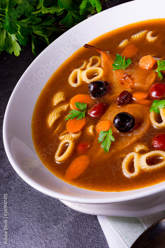 Czerninaa with noodles is a traditional Polish soup photo