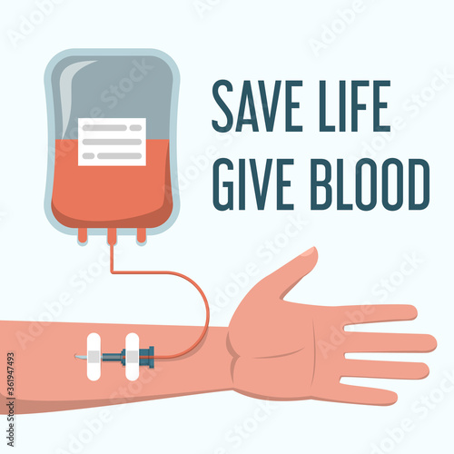 Blood donation vector isolated. Save life, give blood concept. Needle and blood bag, medical equipment. Hand of a patient.