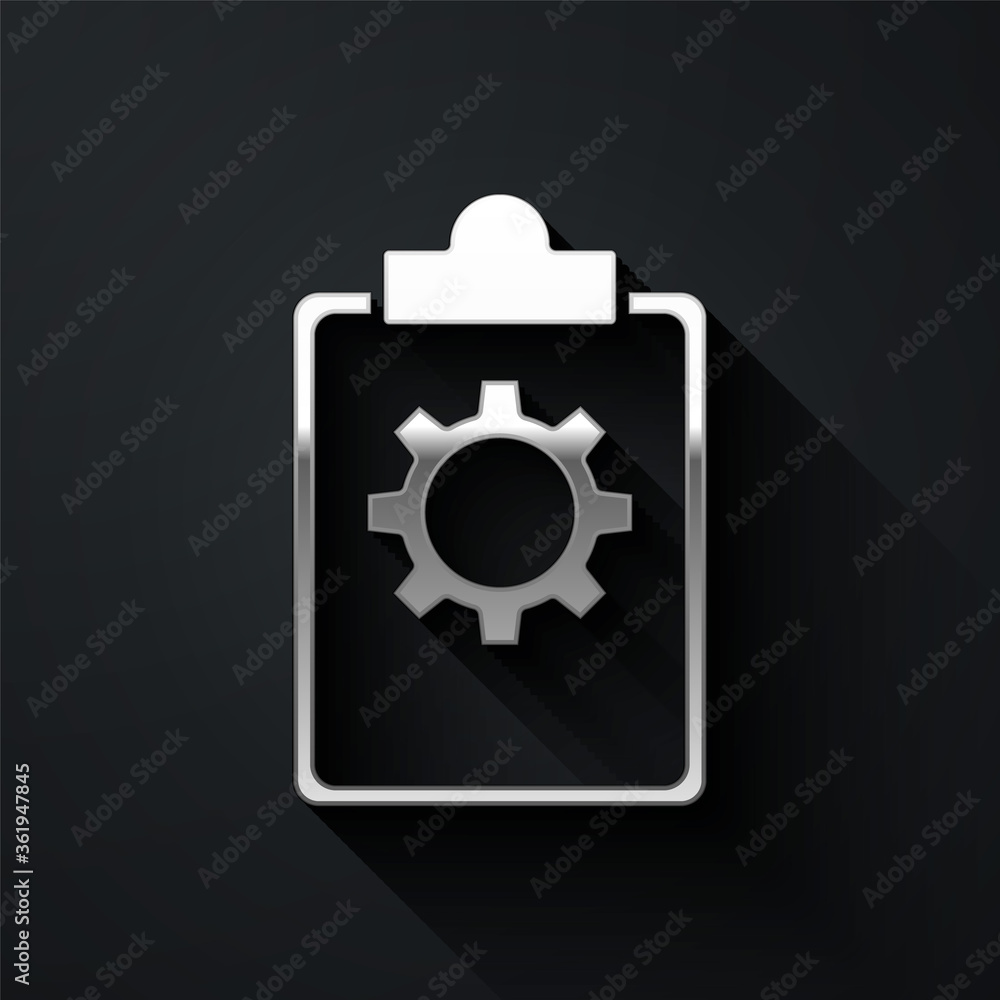 Silver Checklist clipboard with 24 hours service icon isolated on black background. Long shadow style. Vector Illustration. Silver Checklist clipboard with 24 hours service icon isolated on black background. Long shadow style. Vector Illustration.