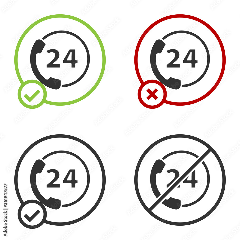 Black Telephone 24 hours support icon isolated on white background. All-day customer support call-center. Full time call services. Circle button. Vector Illustration. Black Telephone 24 hours support icon isolated on white background. All-day customer support call-center. Full time call services. Circle button. Vector Illustration.