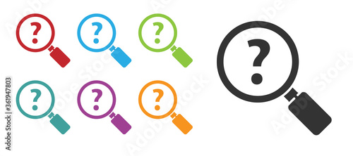 Black Unknown search icon isolated on white background. Magnifying glass and question mark. Set icons colorful. Vector Illustration.