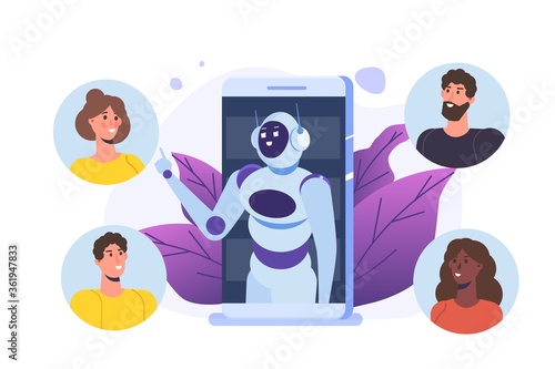 Chatbot concept. Man talking to robot. Customer support service android,  artificial intelligence dialog .