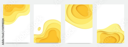 set of Dynamic papercut 3D poster. Yellow liquid wavy form with shadow in minimalistic style. Abstract multi layered paper shapes cutted from paper. Design of layout for banner, presentation, cover