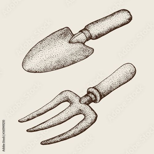 Hand Drawn Pointillism Illustration of Trowel and Hand Fork