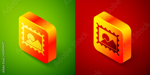 Isometric Postal stamp icon isolated on green and red background. Square button. Vector Illustration.