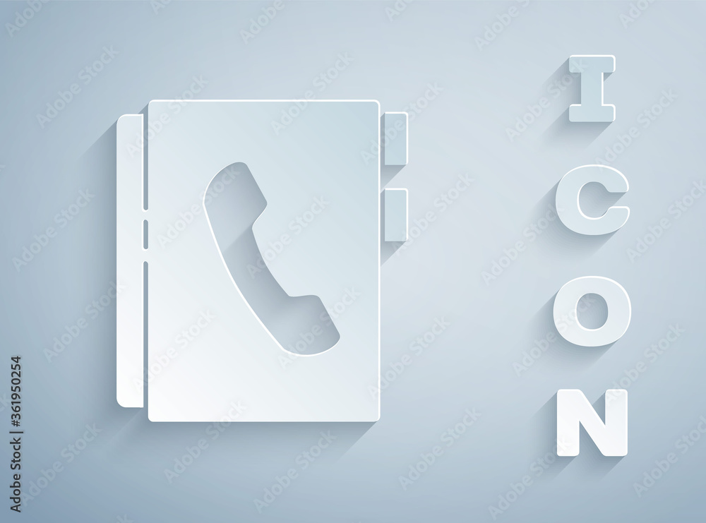 Paper cut Address book icon isolated on grey background. Notebook, address, contact, directory, phone, telephone book icon. Paper art style. Vector Illustration. Paper cut Address book icon isolated on grey background. Notebook, address, contact, directory, phone, telephone book icon. Paper art style. Vector Illustration.