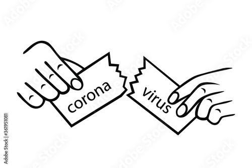 Hands tear paper with inscription coronavirus, victory over covid-19 pandemic, end of quarantine. Hand drawn vector element Isolated on white background for decoration, postcard, flyer, banner