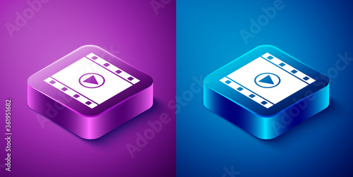 Isometric Play Video icon isolated on blue and purple background. Film strip sign. Square button. Vector Illustration.