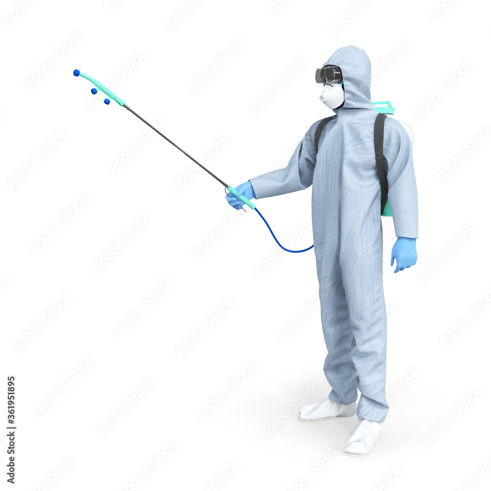 Medical worker. A man in a protective suit in a side view with a canister for a substance sprayer. Disinfection, sterilization, decontamination, cleaning. 3d illustration.