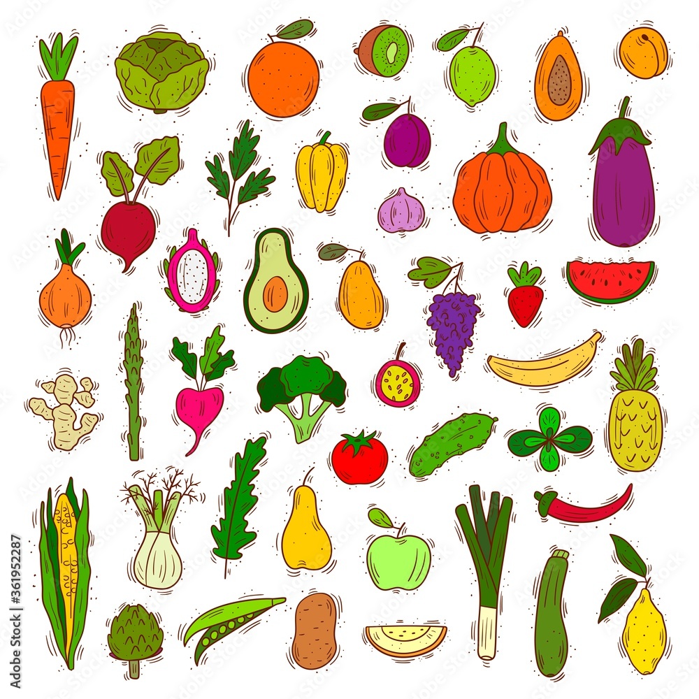 Girar Jarra roble Set of fruits and vegetables, vector illustration clip art - Farm produce  collection, cooking, healthy veggie food - Vector objects isolated vector  de Stock | Adobe Stock