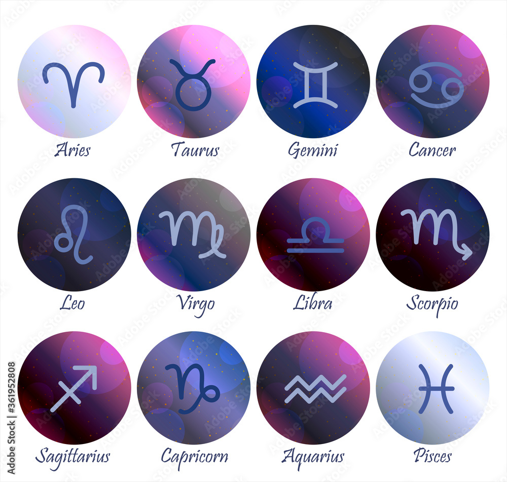 Constellations of the horoscope with symbols of the zodiac signs on a gradient purple-pink starry sky. Planets, stars and constellations in space. Telescope to study the stars. illustration of Constellations of the horoscope with symbols of the zodiac signs on a gradient purple-pink starry sky. Planets, stars and constellations in space. Telescope to study the stars. illustration of