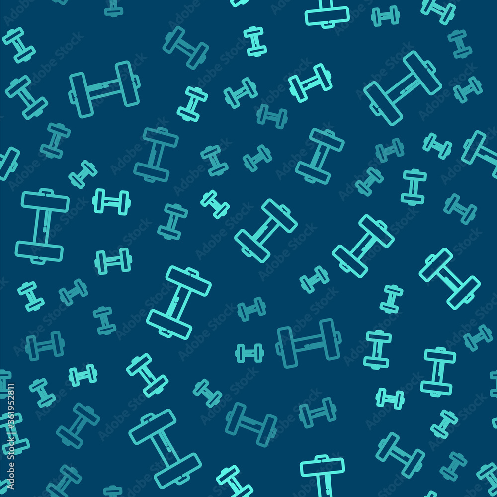 Green line Dumbbell icon isolated seamless pattern on blue background. Muscle lifting icon, fitness barbell, gym, sports equipment, exercise bumbbell. Vector Illustration. Green line Dumbbell icon isolated seamless pattern on blue background. Muscle lifting icon, fitness barbell, gym, sports equipment, exercise bumbbell. Vector Illustration.