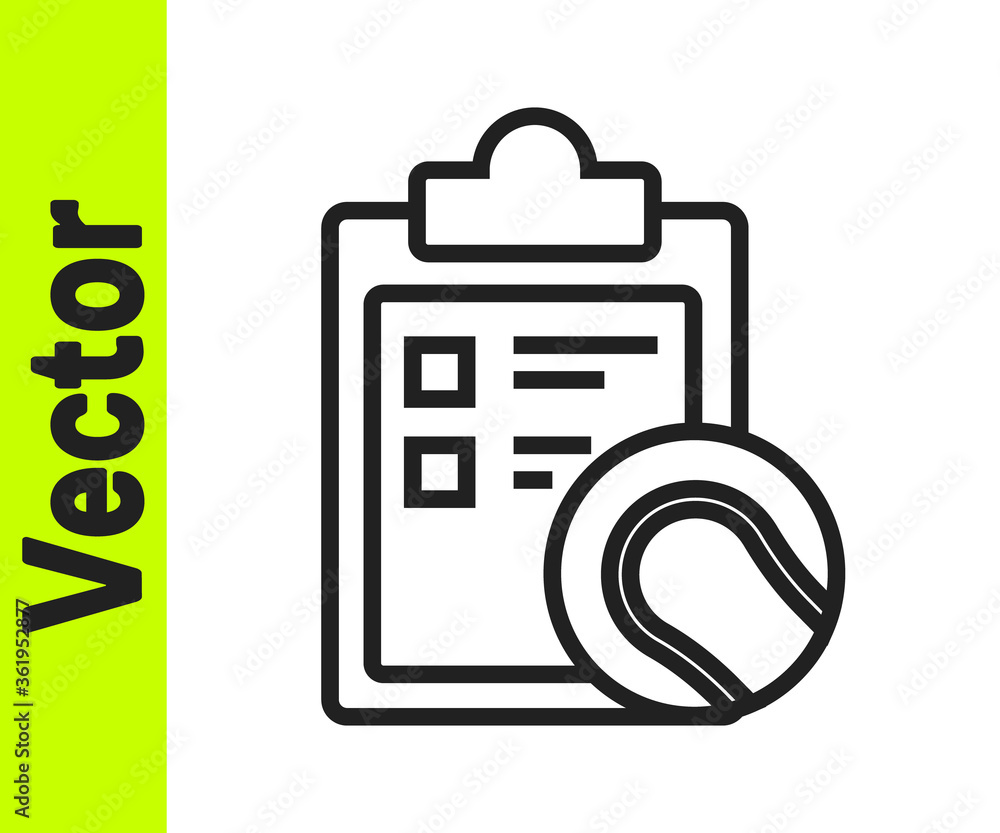 Black line Checklist clipboard and tennis ball icon isolated on white background. Sport equipment. Vector Illustration. Black line Checklist clipboard and tennis ball icon isolated on white background. Sport equipment. Vector Illustration.