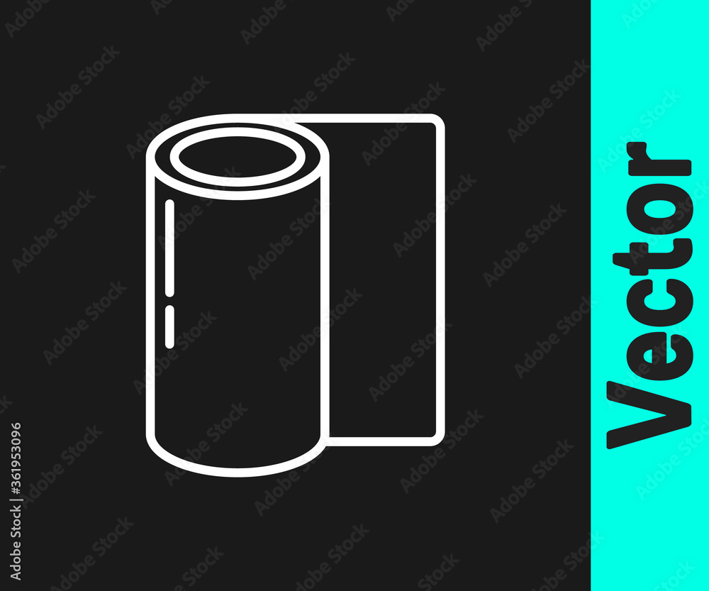 White line Fitness mat roll icon isolated on black background. Yoga mat rolled. Sport equipment. Vector Illustration. White line Fitness mat roll icon isolated on black background. Yoga mat rolled. Sport equipment. Vector Illustration.