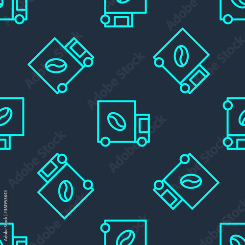 Green line Coffee street truck machine icon isolated seamless pattern on blue background. Delivery coffee. Vector Illustration. © Kostiantyn