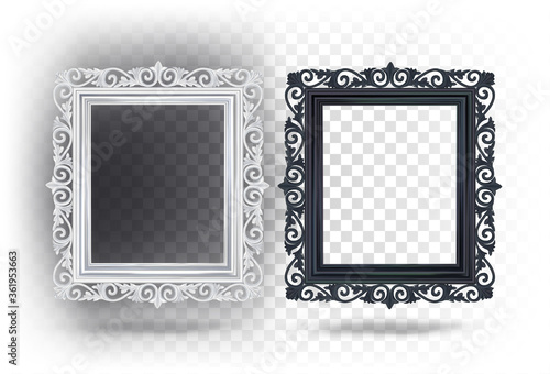 Baguette rectangular frame in black and white. Vector 3d illustration. Beautiful vintage frame. Antique baroque style frame. Classic fashionable interior decor. Mirror, photo frame.