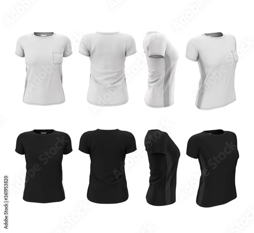 Set of women's sports t-shirts in black and white color. 3d realistic illustration of clothes. Mock up, template for print design. Front, back, side view.