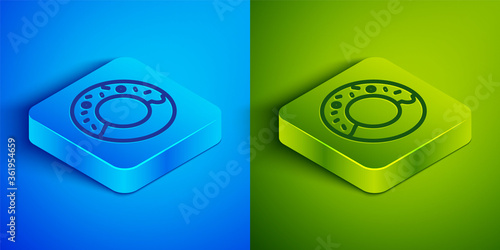 Isometric line Donut with sweet glaze icon isolated on blue and green background. Square button. Vector Illustration.